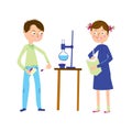 Happy schoolchildren in chemistry lesson. Boy spends chemical experience and girl writes the result. Back to school vector
