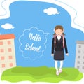 Happy schoolgirl with backpack goes to school. Hello school.