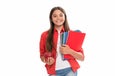 happy schoolgirl with copybook. teen girl with notebook. back to school. child with apple lunch