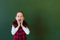 Happy schoolgirl preschool girl in plaid dress standing in class near a green blackboard. Concept of school education Royalty Free Stock Photo