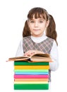 Happy schoolgirl with stack books. isolated on white background Royalty Free Stock Photo