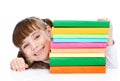 Happy schoolgirl with stack books. isolated on white background Royalty Free Stock Photo