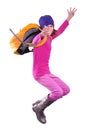 Happy schoolgirl or traveler exercising and jumping Royalty Free Stock Photo