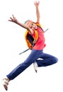 Happy schoolgirl or traveler exercising, running and jumping Royalty Free Stock Photo