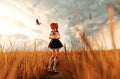 Happy schoolgirl walking alone in grass field surrounded by a birds