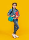 Happy schoolgirl yellow background, education. Teenage girl holding books. School education