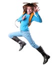 Happy schoolgirlor traveler exercising and jumping Royalty Free Stock Photo