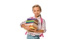 happy schoolkid holding colorful books isolated on white.