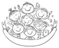 Happy schoolkids with a copy space, black and white cartoon illustration