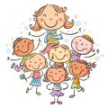 Happy schoolkids with their teacher, school or kindergarten illustration Royalty Free Stock Photo