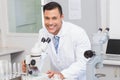 Happy scientist using microscope