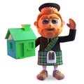 Happy Scottish man in traditional kilt holds a small green house, 3d illustration