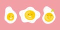 Happy scrambled eggs. Funny cartoon characters fried eggs. Hand drawn traditional healthy Breakfast for children. Vector flat