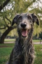 Happy Scottish Deerhound with Long Hair in Green Field on Sunny Day Royalty Free Stock Photo