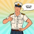Happy Sea Captain Showing Thumb Up. Cruise Vacation. Pop Art illustration