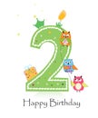 Happy second birthday candle with owls baby girl greeting card vector Royalty Free Stock Photo