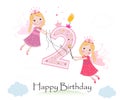 Happy second birthday with cute fairy tale greeting card vector