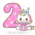 Happy second birthday with cute princess unicorn greeting card vector Royalty Free Stock Photo