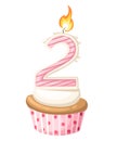Happy Second 2 Birthday girl card with cupcake and candle in flat design style, illustration Royalty Free Stock Photo