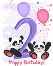 Happy second birthday. Greeting card with pandas.