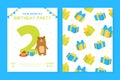 Happy Second Birthday Invitation Card Template, Birthday Anniversary Number with Cute Bear Animals, Front and Back Sides