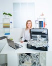 Happy secretary business woman holding dollar money. Accounting, credit score concept. Royalty Free Stock Photo