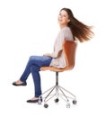 Happy, secretary and portrait of woman on chair in studio, white background or mockup space. Receptionist, smile and Royalty Free Stock Photo