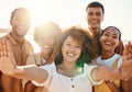 Happy, selfie and portrait with friends at beach for support, social media and diversity. Smile, relax and profile