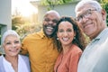 Happy, selfie portrait or senior parents in garden bonding in Brazil with love or care in retirement. Interracial Royalty Free Stock Photo