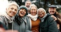 Happy, selfie and senior friends in a park while walking outdoor for fresh air together. Diversity, smile and group of Royalty Free Stock Photo