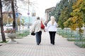 Happy senior adult mature classy couple walking down the street.