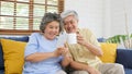 Happy senior asian couple using smart phone while sitting on sofa at home living room background, active senior people retirement Royalty Free Stock Photo