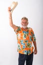 Happy senior bearded tourist man smiling and greeting Royalty Free Stock Photo