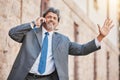 Happy senior businessman, phone call and taxi in city for travel, trip or immigration outdoors. Man waiting for cab Royalty Free Stock Photo