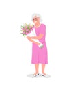 Happy senior caucasian woman with flowers flat color vector detailed character