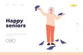 Happy senior concept for landing page template with cheerful carefree elderly woman feeding dove