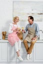 happy senior couple in aprons holding glasses of wine while sitting together Royalty Free Stock Photo