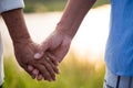 A happy senior couple asian old man and woman hold hand each other and standing in summer near mountain and lake during sunrise or Royalty Free Stock Photo