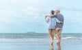 Happy senior couple on the beach. Exotic luxury resort.back view Royalty Free Stock Photo