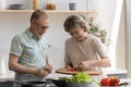 Happy senior couple cooking fresh salad for homemade dinner together Royalty Free Stock Photo