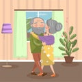 Happy senior couple dancing at home, vintage cozy interior vector Illustration