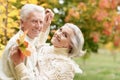 Happy senior couple dancing in summer park Royalty Free Stock Photo