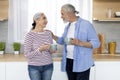 Happy Senior Couple Drinking Morning Coffee And Chatting Together In Kitchen Royalty Free Stock Photo