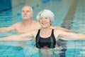 Happy senior couple exercising in swimming pool Royalty Free Stock Photo