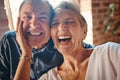 Happy senior couple, funny selfie portrait in retirement and embrace marriage lifestyle on Rome holiday. Woman show Royalty Free Stock Photo