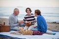 Happy senior couple with granddaughter sitting on blanket and having picnic outdoors on beach by sea. Royalty Free Stock Photo