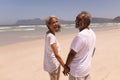 Happy senior couple holding hands and looking at camera on beach Royalty Free Stock Photo