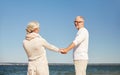 Happy senior couple holding hands summer beach Royalty Free Stock Photo