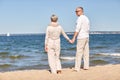 Happy senior couple holding hands summer beach Royalty Free Stock Photo