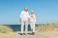 Happy senior couple holding hands on summer beach Royalty Free Stock Photo